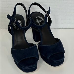 Brooks Brothers sz 7 Red Fleece Navy Suede Platform Heels Ankle Strap Sandals